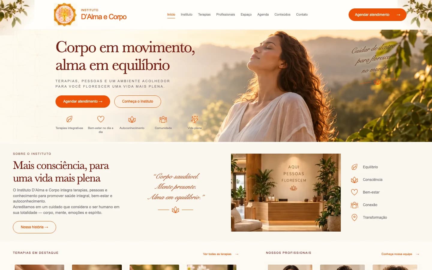 Página inicial do site Instituto D’Alma e Corpo